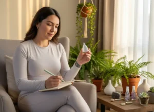 Mujer latina sentada en un espacio natural y acogedor, escribiendo en su journal mientras sostiene una copa menstrual Angelcup, rodeada de plantas y productos de bienestar íntimo, representando autocuidado y educación sobre salud sexual femenina.