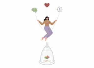 Ilustración de una mujer equilibrando mente, emociones y autocuidado mientras flota sobre una copa menstrual Angelcup, representando bienestar íntimo, salud sexual femenina y menstruación consciente.