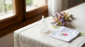 Copa menstrual Angelcup sobre una mesa con bolsita de tela