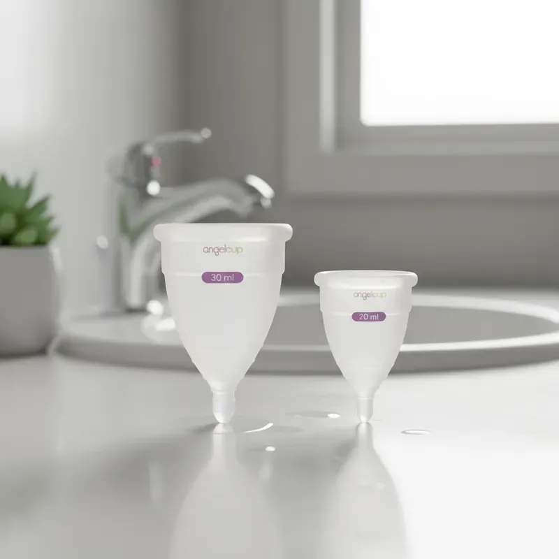 Copas menstrualse Angelcup tallas chica y grande en baño junto a lavabo
