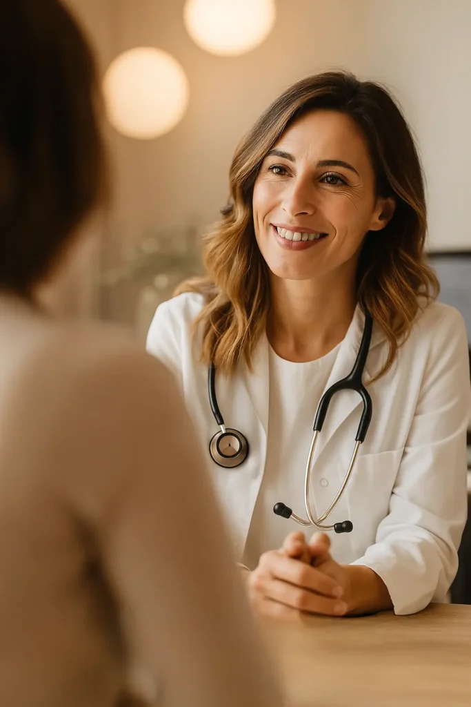 dra escuchando a paciente y dando buenas noticias