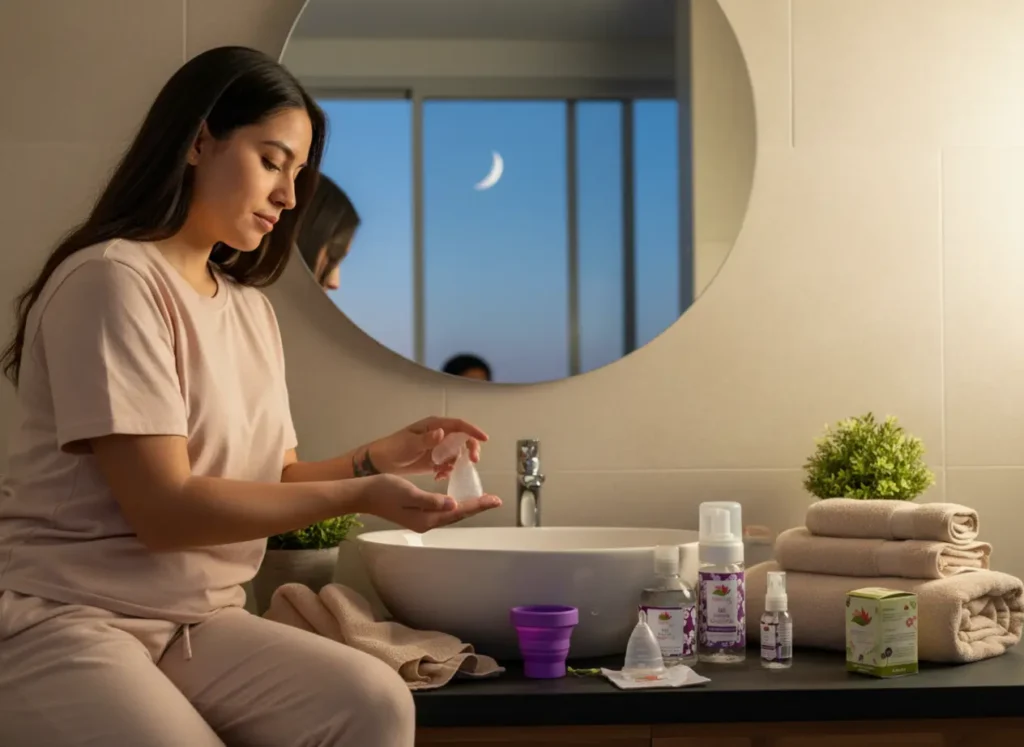 Mujer en su baño sosteniendo copa menstrual angelcup junto al lavabo con la luna reflejada en un espejo. Cuánto dura la menstruación