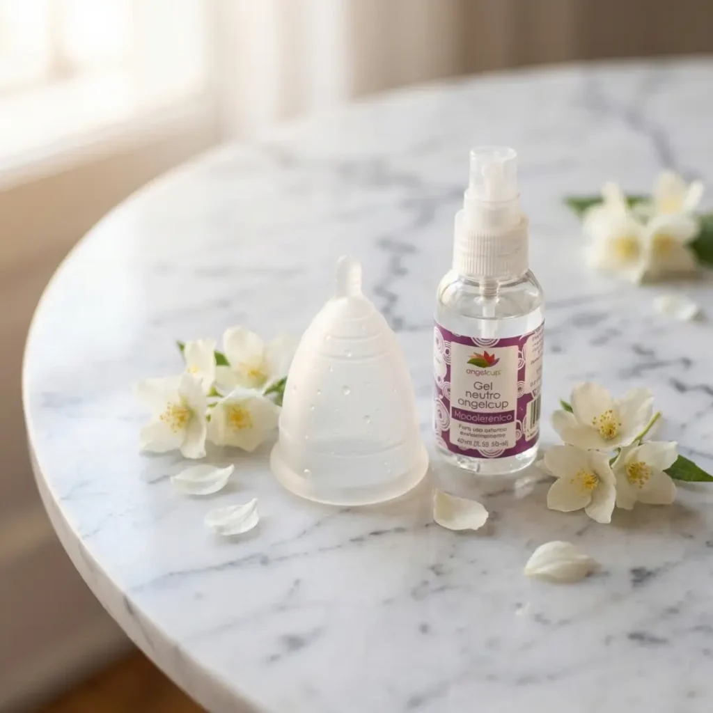 copa menstrual angelcup sobre mesa de marmol junto con gel netruo angelcup y pétalos de flores